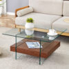 31.4 Inch Modern Two-Tier Square Coffee Table - An Elegant Combination of Clear Glass and Dark Wood Texture Sticker It can be used not only as a coffee table but also as a side table or display stand.