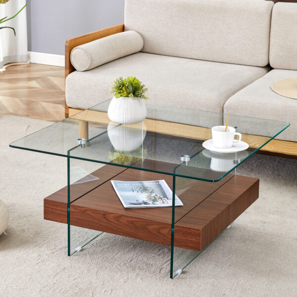 9780e51ebc454869ae5c7f71c08edf6a_ab06fef34258f0a730ab27cd2e0a5d7a 31.4 Inch Modern Two-Tier Square Coffee Table - An Elegant Combination of Clear Glass and Dark Wood Texture Sticker It can be used not only as a coffee table but also as a side table or display stand.