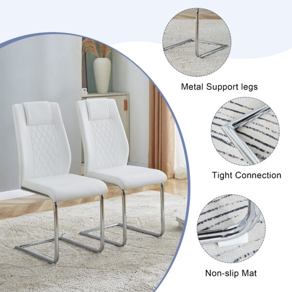 978ea8753a9445fc95a083f361924fbe_0f90214fbbf2663e7299b307cf4983df Table and chair set.71''*35.4'' Inch Modern Luxurious Transparent Tempered Glass Dining Table Set with 6 Chairs.Double Fork Silver Metal Table Legs.White High-quality PU Dining Chairs.