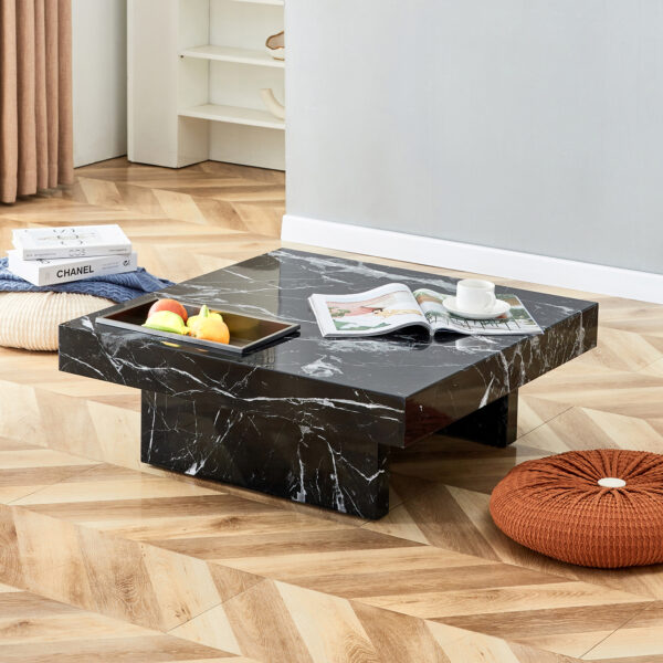 A modern and practical coffee table made of MDF material with black patterns. The fusion of elegance and natural fashion  31.4"*31.4"*12"