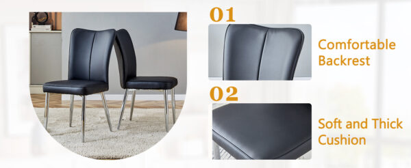 9798973699d545c4ba143e70211071ae_00c7dba99255b02713ac05abec03a289 Table and chair set.64.5x35.4 Inch Stylish White Marble Textured Dining Table.Paried With 6 Black PU Chairs with a vertical stripe design on the backrest.Create Your Exclusive Low-Key Luxury Space.