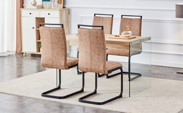979bed8f77f3454483e5da57594e392f_4403ce2e14f1eb336539c8e08b1d1ed5 Table and chair set.Wood Texture MDF Coffee Table - Reinforced with Tempered Glass Legs.Paired with 4 brown technology fabric chairs with Featuring arched black legs.
