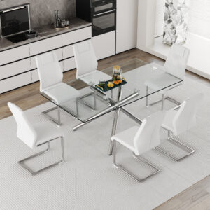 Table and chair set.Modern Luxurious Transparent Tempered Glass Dining Table Set with 6 Chairs.Single fork silver metal table legs.White high-quality PU dining chairs with silver metal legs.
