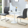 Table and chair set.Hourglass-Shaped Stable Small Round Table -31.9" * 31.9" With 2 Soft and Comfortable Dark Gray PU Chair With Arched Metal Silver Leg.Create Your Exclusive Low-Key Luxury Space.