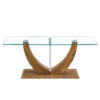 Modern minimalist transparent tempered glass coffee table with wooden MDF legs and stainless steel decorative columns. Computer desk. Game table. CT-907