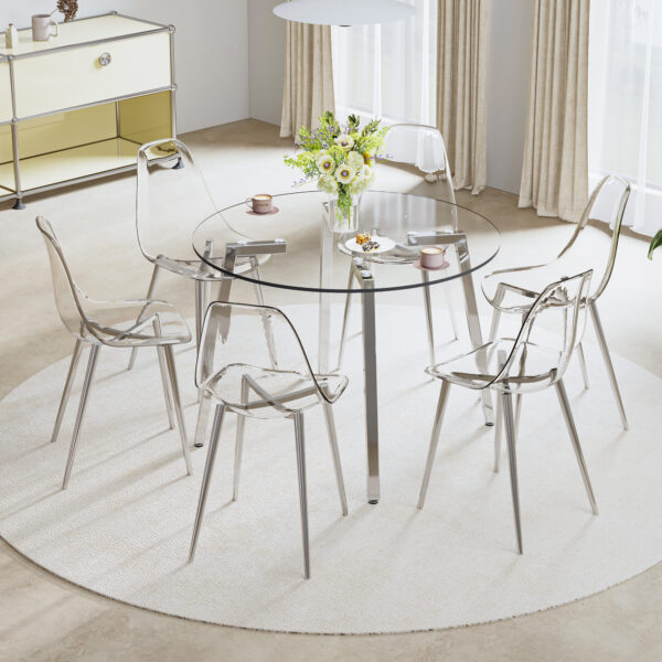 Modern minimalist style circular transparent tempered glass table, tempered glass tabletop, silver metal table legs, suitable for kitchen, dining room, and living room, 42 "* 42" * 29.5 "1123r