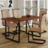 Table and chair set. A minimalist retro rectangular dining table with a specially textured top and black metal legs, paired with 4 soft chairs and black metal legs, showcases a beautiful home style.