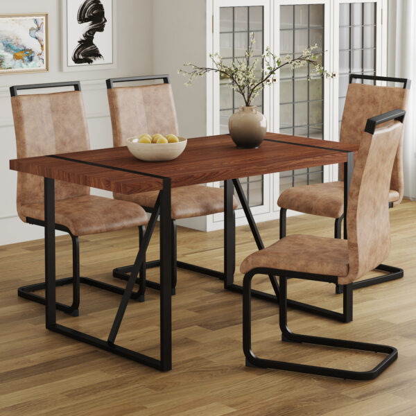 983bfdc848564e3ea0b4e7b02e26b795_f15cc654b34dcf4a6bb0a28b17bfbbe7 Table and chair set. A minimalist retro rectangular dining table with a specially textured top and black metal legs, paired with 4 soft chairs and black metal legs, showcases a beautiful home style.