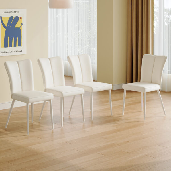 Modern minimalist dining chair, white PU leather curved back and seat cushion, white metal chair legs, suitable for dining room, bedroom, living room. A set of four chairs. 008