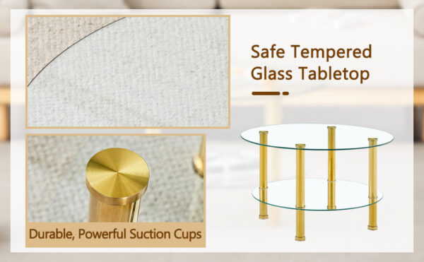 987457586a2f421d8b2d0066951c4568_fb45e33fdfd59f5082178f664379ee2a Contemporary Minimalist Double Layer Tempered Glass Coffee Table - 27.5" Top and 23.6" Bottom.Reinforced Glass Tabletop,Stainless Steel Gold Plated Legs.