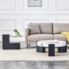 Modern Simple Double-Layer Round Coffee Table - Transparent Gray Glass Top with Black MDF L-Shaped Legs.The detachable design can make the use of space more flexible.