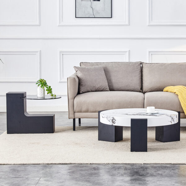 987c7fb455f04bd0b866e56f65ada654_c6276725f9532d641c6d35d6a1fa8ccc Modern Simple Double-Layer Round Coffee Table - Transparent Gray Glass Top with Black MDF L-Shaped Legs.The detachable design can make the use of space more flexible.