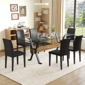 Table and chair set.79"x31.5" Inch Tempered Glass Tabletop With X-shaped Black Metal Table Legs,Wood Grain Textured MDF Crossbeam.Paired With 6 Black PU Dining Chairs, Simple And Versatile.