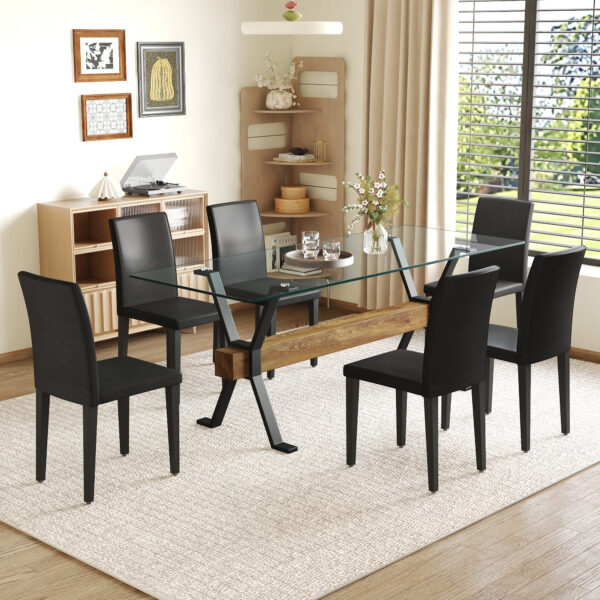 98bb87a0f9ef49a0b5bb688e249c666f_42a0fb24cbaa5b64bb20d5476aa2ffd8 Table and chair set.79"x31.5" Inch Tempered Glass Tabletop With X-shaped Black Metal Table Legs,Wood Grain Textured MDF Crossbeam.Paired With 6 Black PU Dining Chairs, Simple And Versatile.