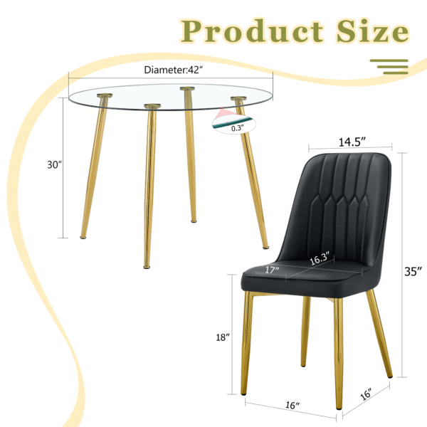 Table and chair set.A 42 Inch Diameter Modern Minimalist Round Dining Table With Transparent Tempered Glass top And Golden Metal Legs,4 Black Chairs With PU Backrest And Seat Cushion.