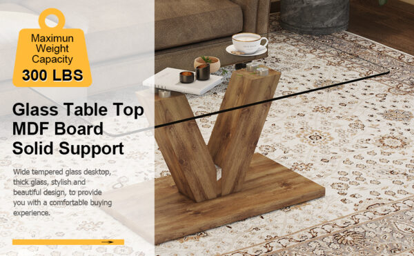 98df887f1e0847179ba0cb750cb0e081_20240321_a034cb1da2be68426874e6e7879b07c6 A modern minimalist style coffee table. Transparent tempered glass tabletop with wooden MDF columns. Suitable for living room and dining room. CT-V