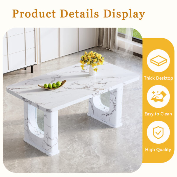 98ebcd9a1cc849f9a059f2c51d894dfc_2ea42c2be6f152cccef472fc329f17fd 64.5 x 35.4 Inch Stylish Marble Textured Dining Table, Perfectly Blending Simplicity And Transparency. Made of MDF Material With White Marble Texture Stickers, It Exudes A Strong Sense Of Fashion.