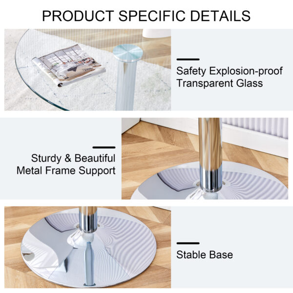 98fa9272ee144e538fae6f0d95a66809_20240320_b6dc32a235dac791fddb7a186b6ae214 A 35-inch diameter glass top and a modern, minimalist round dining table with silver metal legs. Ideal for dining rooms, living rooms and meeting rooms.
