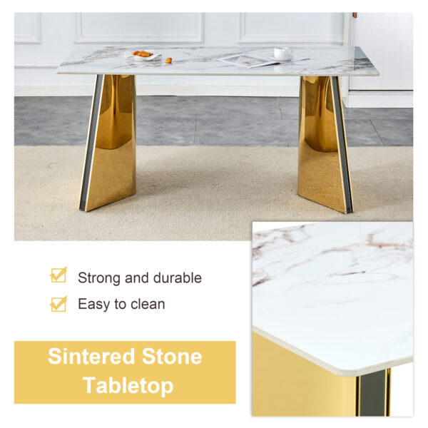 98fd6e20c0e24328b393faffe735e0bb_483d7db9997386cf5b9aed6f4610cb0f Table and chair set.63"x31.5x30" Luxurious Cold Jade Patterned Sintered Stone Dining Table with Golden Stainless Steel Butterfly Legs.Paried With 4 Black High-quality PU Chairs With Arched Metal Legs.