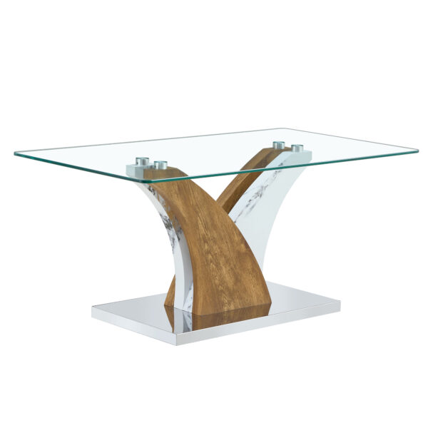 99034068d6a54caca92f3ffdf848edf7_06d56f2094df5203c4dcd51a6016ff43 Rectangular Coffee Table.Tempered glass countertop, and artistic MDF legs,perfect for hosting dinners, conferences, home, and office decorations.White and wood,Dining table,Tea Table.Coffee Table.