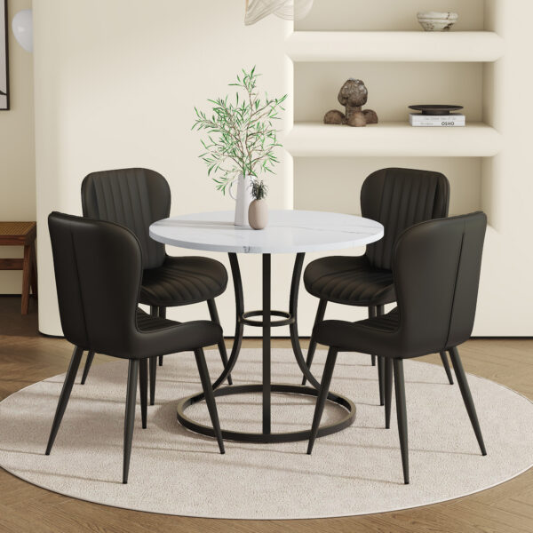 990ae79cf3584ed08d230e96e7a81a8f_d548360f144b9c1627d39cac21e987d5 Table and chair set.A Modern Minimalist Circular Dining Table With A Diameter Of 33.3 Inches.Paired With 4 Black Minimalist Ergonomic PU Dining Chairs With Extended And Curved Seat Cushions.