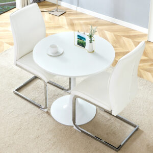 Table and chair set.Hourglass-Shaped Stable Small Round Table -31.9" * 31.9" With 2 Soft and Comfortable White PU Chair With Arched Metal Silver Leg.Create Your Exclusive Low-Key Luxury Space.