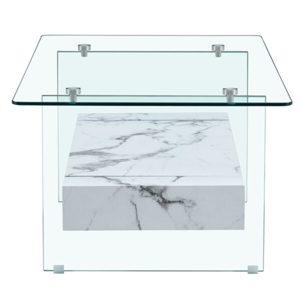 99386eba83304256b31c1b56efafd48c_e3d378a132cb49605f8358a82b22f933 43.3 Inch Modern Two-Tier Coffee Table - Clear Tempered Glass and White Marble Texture, Multifunctional Storage Design.The bottom tier includes a drawer.Can be used as a coffee table,side table,etc.