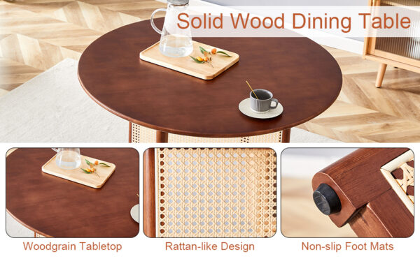 Chinese countryside retro solid wood round table, simple modern imitation rattan table, wooden table, desk. Suitable for dining room, living room, office