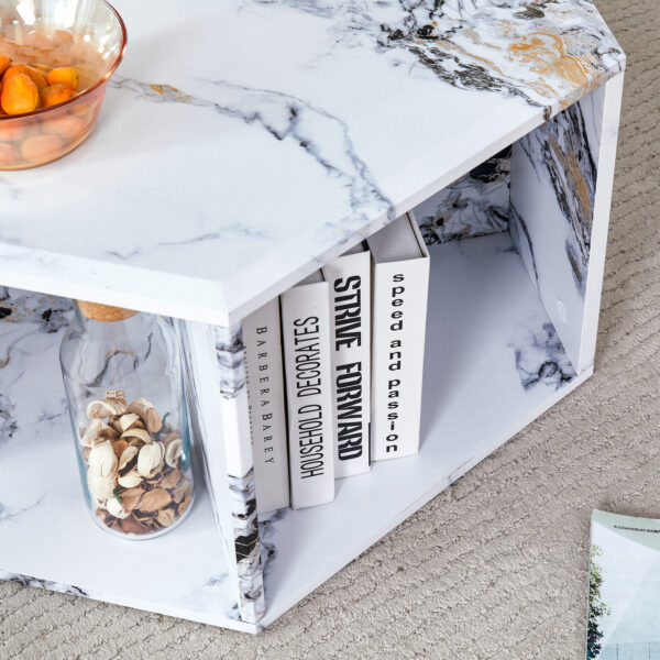 99569499381e43d0bbc21168beca8e8e_18b6c0f8710e4fc60b460a788553ca7f Hexagonal MDF coffee table, characteristic pattern stickers, multi-hole design to give more storage space, simple and convenient design makes it suitable for all kinds of style scenes.