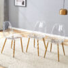 Transparent and stylish ergonomic dining chair unlocks a new experience of lightweight fashion, comfort, and stability. Transparent seat cushion, golden metal legs. One box of three.