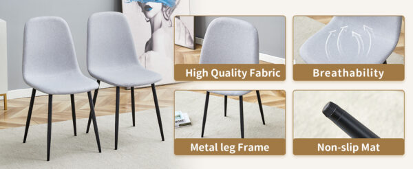 99c7317e94c446e8a114a71cdb5176d4_24b3b1f7c49f33b8e7210ec4ff283db5 Table and chair set.79"x31.5" with X-shaped Black Metal Table Legs,Wood Grain Textured MDF Crossbeam.Paired With 8 Chairs Made Of Light Gray Lnen Fabric.Iron pipe spraying Legs.