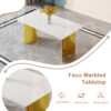 Modern minimalist dining table. White imitation marble glass sticker tabletop, golden table legs, stable and beautiful. Suitable for living room and dining room 63" *35.4" *30 DT-69