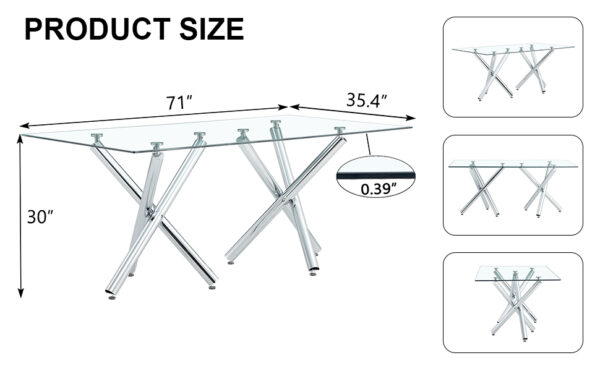 99ff042b31164f29abd62e7c60d3d4bd_62fcce13df7341de14fe6b00334524e7 Large Modern Rectangular Glass Dining Table for 6-8 with 0.39" Tempered Glass Tabletop and Silver Chrome Metal Legs, for Kitchen.Tempered Glass Tabletop,Double Fork Metal Legs.W1151S03321