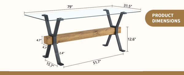 9a1d5c119b21417daaa87f44bf9fda7a_0ad09da529890198f400a42d5a95c073 Elegant Transparent Tempered Glass Dining Table - 79"x31.5" with X-shaped Black Metal Table Legs,Wood Grain Textured MDF Crossbeam. With a Thickness Of 0.39 Inches.Comfortably Accommodate 6-10 People.