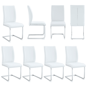 Luxury Simple Arch Chair - Set of 8 White PU Material High Resilience Dining Chair with Arched Metal Silver Leg.Packed In Two Boxes.