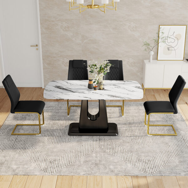 Table and chair set, modern and minimalist dining table, imitation marble patterned tabletop, MDF legs with U-shaped brackets. Paired with comfortable chairs, suitable for dining and living rooms.