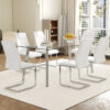 Table and chair set.71 * 35.4 inch rectangular dining table.Tempered Glass Tabletop,Silver 7-shaped Metal Table Legs.Paried With 6 White High-quality PU Chairs With Arched Metal Legs.