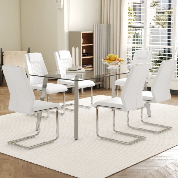 9a516ec187f24a5bac73d5e21fb1bfbb_051993593fe357057e87c6077f842e9b Table and chair set.71 * 35.4 inch rectangular dining table.Tempered Glass Tabletop,Silver 7-shaped Metal Table Legs.Paried With 6 White High-quality PU Chairs With Arched Metal Legs.