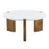 33.4-inch diameter minimalist circular MDF material coffee table, a stable and practical choice. The unique embedded design and the support of three table legs make the coffee table structure stable.