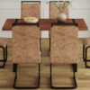 Table and chair set. A minimalist retro rectangular dining table with a specially textured top and black metal legs, paired with 4 soft chairs and black metal legs, showcases a beautiful home style.