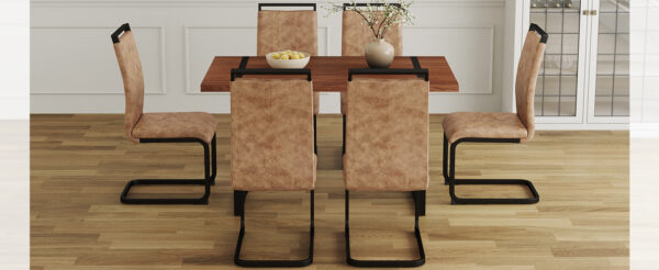 9a59f71008b84a0db924909ab834aeef_487e396198807e88b58f351f465bc099 Table and chair set. A minimalist retro rectangular dining table with a specially textured top and black metal legs, paired with 4 soft chairs and black metal legs, showcases a beautiful home style.