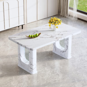 64.5 x 35.4 Inch Stylish Marble Textured Dining Table, Perfectly Blending Simplicity And Transparency. Made of MDF Material With White Marble Texture Stickers, It Exudes A Strong Sense Of Fashion.