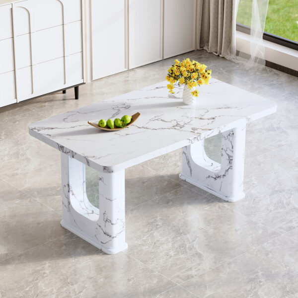 9a6eba925a9847aeb8058f728b5976ae_79b050a3d4cb27b977086e786596bd59 64.5 x 35.4 Inch Stylish Marble Textured Dining Table, Perfectly Blending Simplicity And Transparency. Made of MDF Material With White Marble Texture Stickers, It Exudes A Strong Sense Of Fashion.