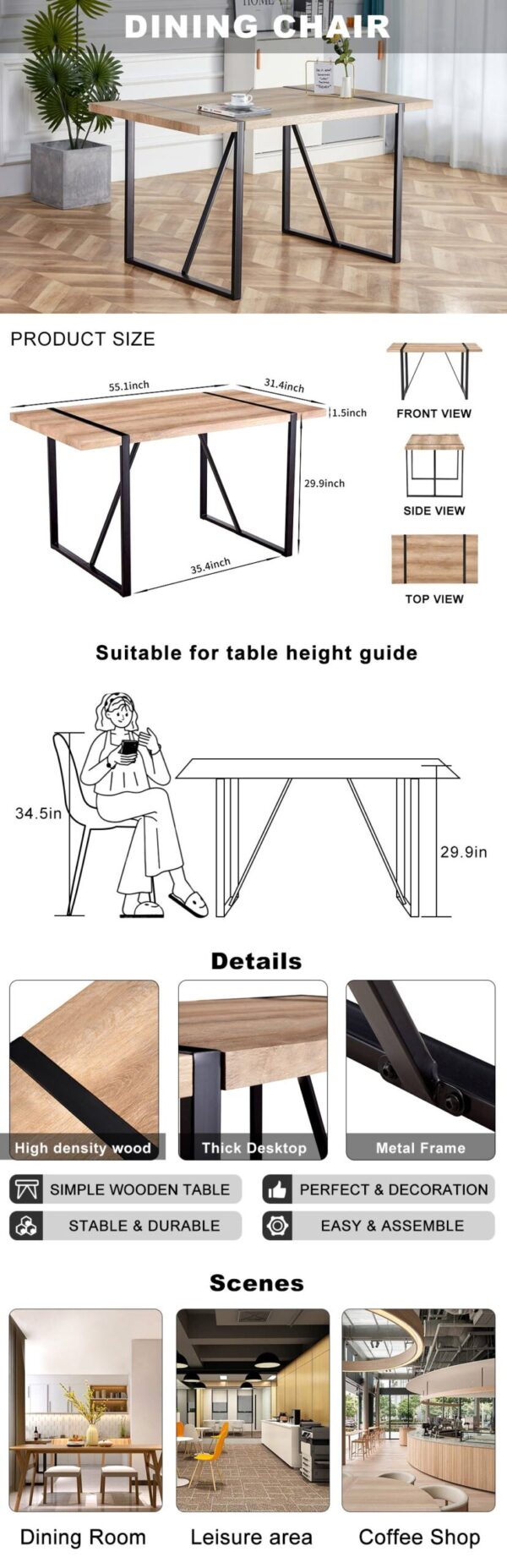 Rustic Industrial Rectangular Wood Dining Table For 4-6 Person, With 1.5" Thick Engineered Wood color Tabletop and Black Metal Legs,Desk For Kitchen Dining Living Room, 55.1" x 31.4"x 29.9"1529W115172