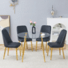 Table and chair set.A 42 Inch Diameter Modern Minimalist Round Dining Table With Transparent Tempered Glass top And Golden Metal Legs,4 Black Chairs With PU Backrest And Seat Cushion.