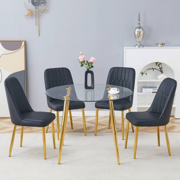 Table and chair set.A 42 Inch Diameter Modern Minimalist Round Dining Table With Transparent Tempered Glass top And Golden Metal Legs,4 Black Chairs With PU Backrest And Seat Cushion.
