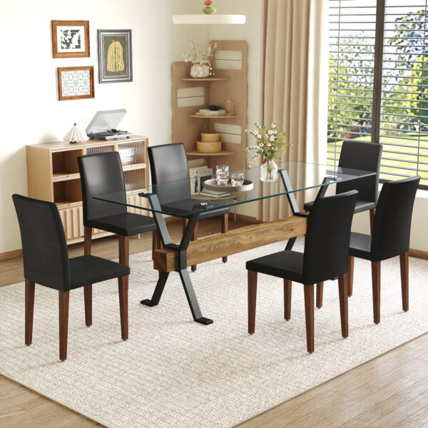 Table and chair set.79"x31.5" Inch Tempered Glass Tabletop With X-shaped Black Metal Table Legs,Wood Grain Textured MDF Crossbeam.Paired With 6 Black PU Dining Chairs with Walnut Color Metal Leg.