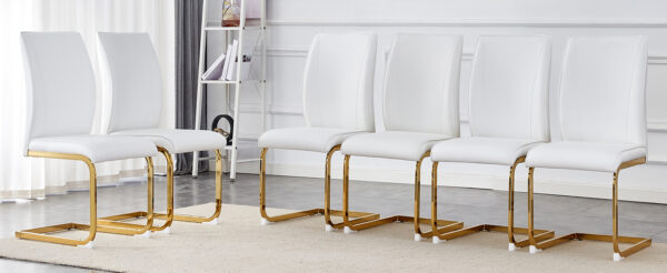 9ae3a9fbdad54d73a80771fb0a3b7e34_495cc90e6f92f56a58141c5fd972e151 Luxury Simple Arch Chair - Set of 6 White PU Material High Resilience Dining Chair with Arched Metal Gold Leg.
