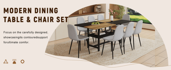 Table and chair set.71*35.4 inch Wooden And Black Spliced Dining Table With Storage Function In The Middle Of The Table Legs.Paired With 8 Light Gray Linen Fabric Chairs.