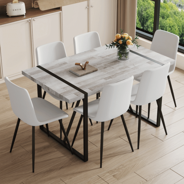 9b0b12263f4d4c7cbdf9132941ecc619_d662d0c91c5fea39b05a3b0545e5eefd Table and chair set.A minimalist retro rectangular dining table with a specially textured top and black metal legs.Paired With 6 White Artificial PU Chairs With Curved Widened Cushion Design.